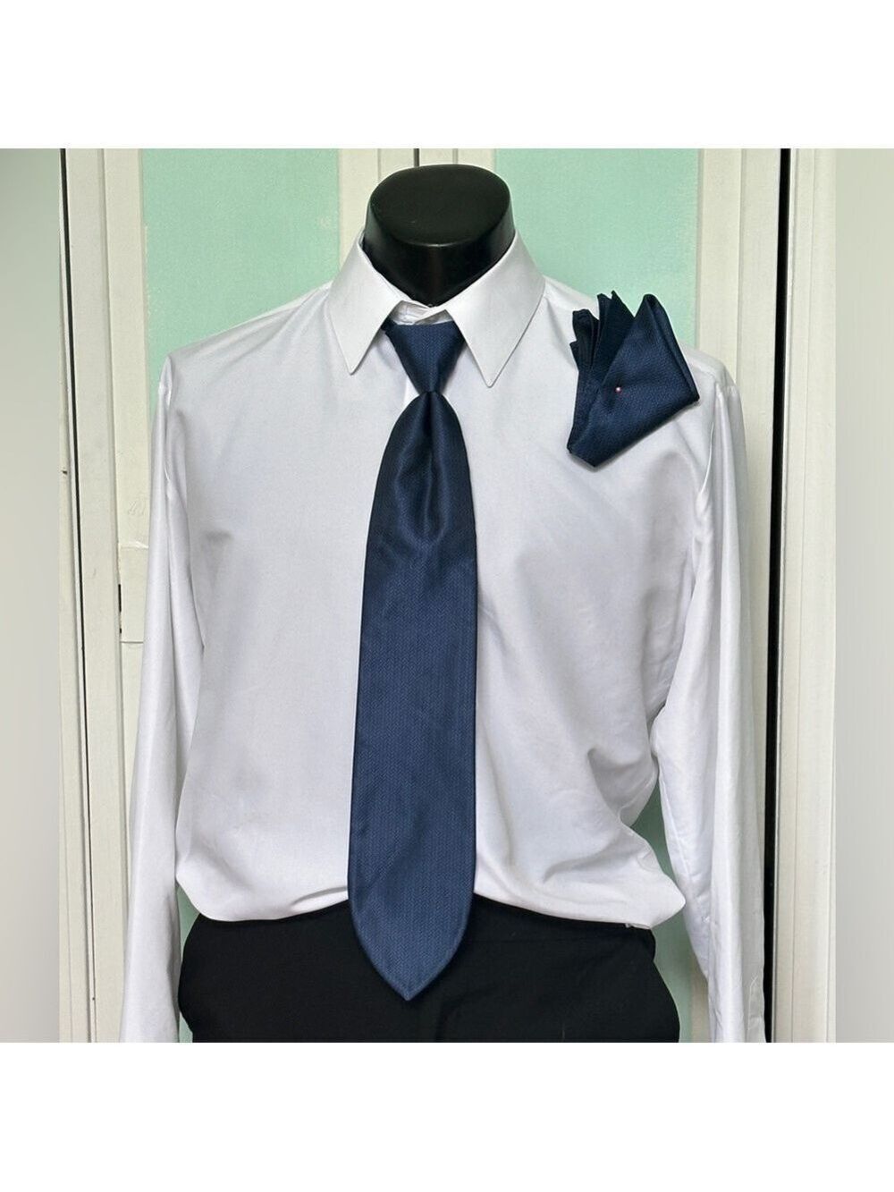 Navy Dark Blue Tie Wedding Prom Tuxedo Herringbone Pre Tied clip Pocket Square